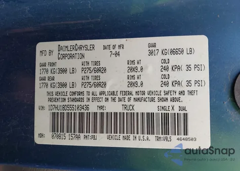 2005 Dodge Ram 1500 Slt/Laramie from USA, damaged, VIN 1D7HU18D55S103436